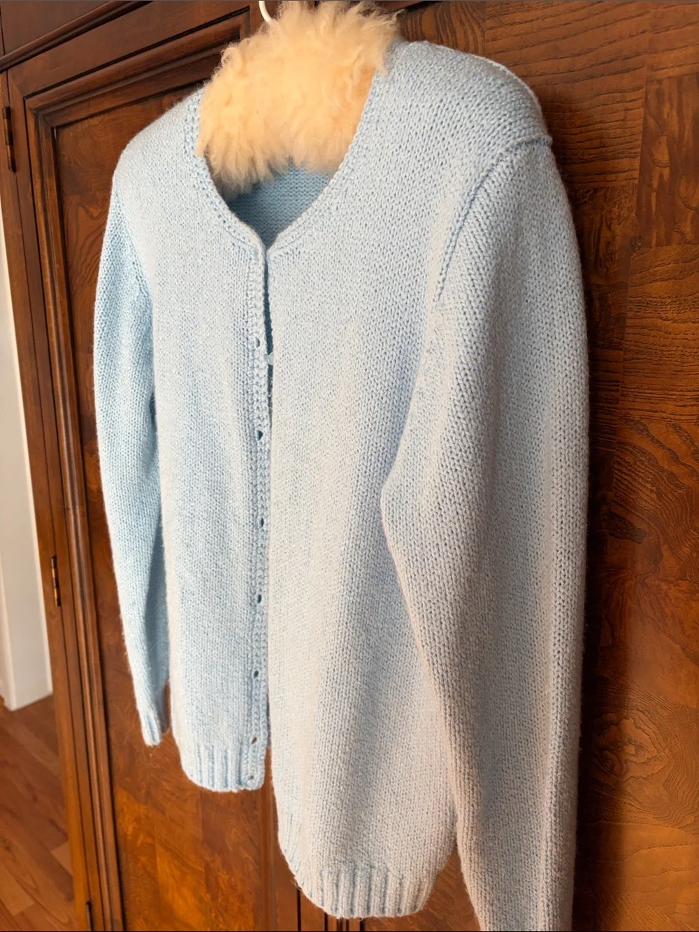Vintage 90s Leon Levin Hand Loomed Round Neck Light Blue Cardigan - Size L